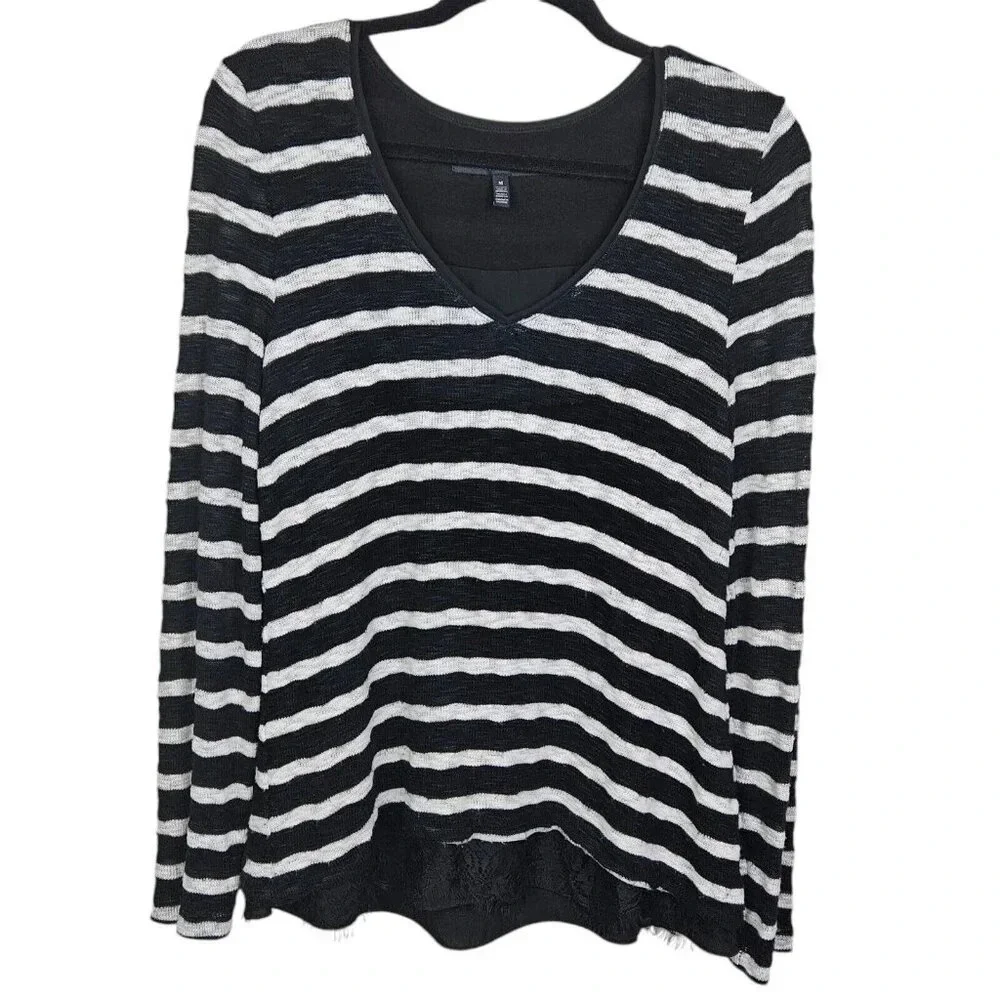 White‎ House Black Market Long Sleeve V Neck Striped Sweater Lace Size Medium